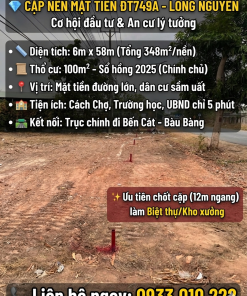 CƠ HỘI ĐẦU TƯ: CẶP NỀN LIỀN KỀ MẶT TIỀN ĐT749A   ✅ Diện tích: 348.1 m² (Ngang 6m - Dài 58m).  Thổ cư: 100m² mỗi nền
